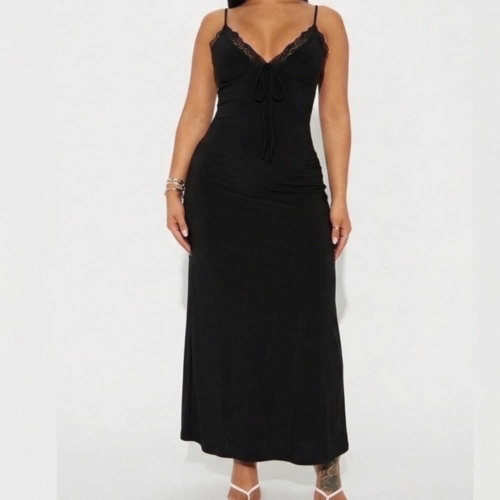 Fashion Nova Sweet Escape Black Lace Trim Midi Dress Size L Bodycon Tie Front